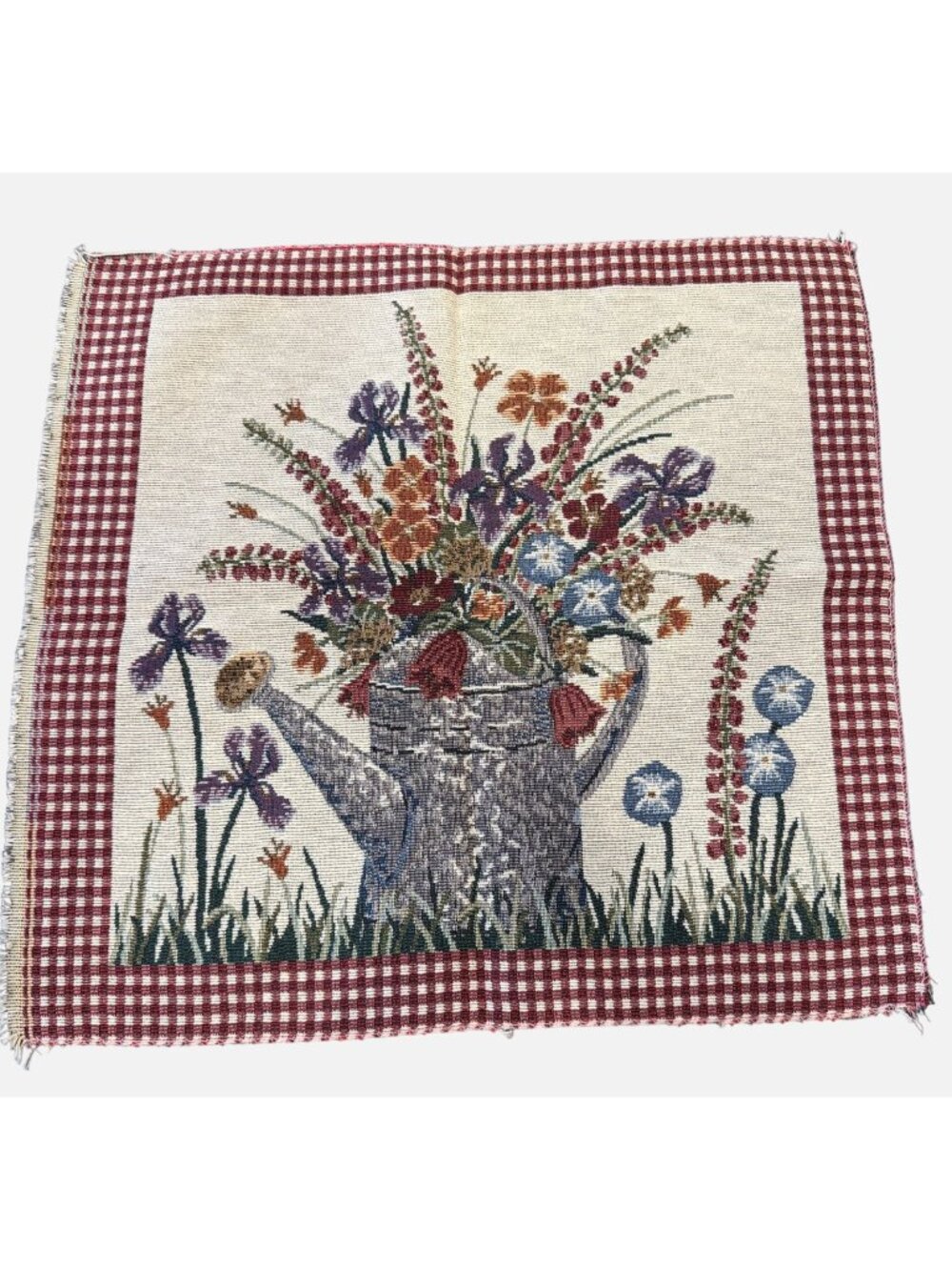 Woven Tapestry Pillow Panel Watering Can Floral Folk Art 18 Inch DIY Crafting